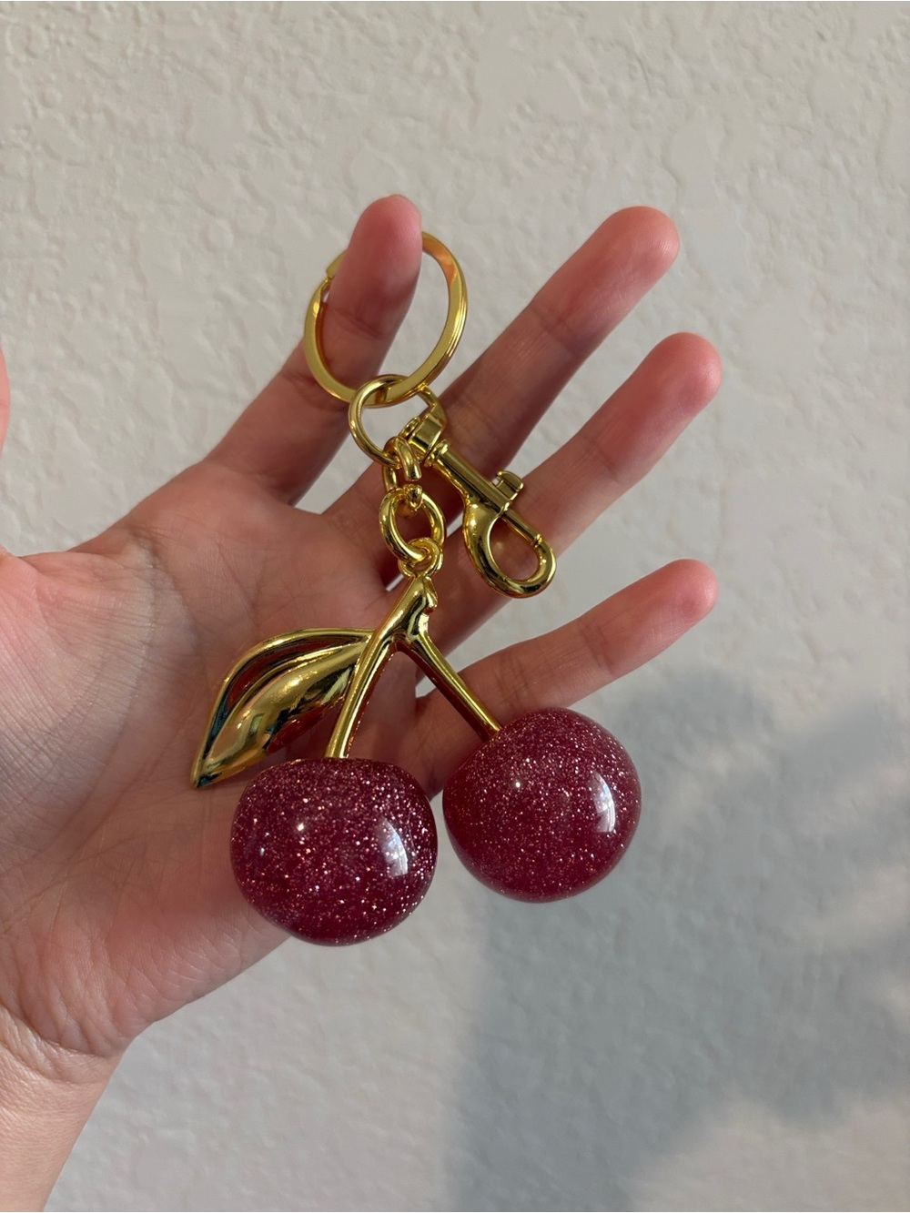 Gold Cherry Bag Charm Keychain with Glittering Red Charms